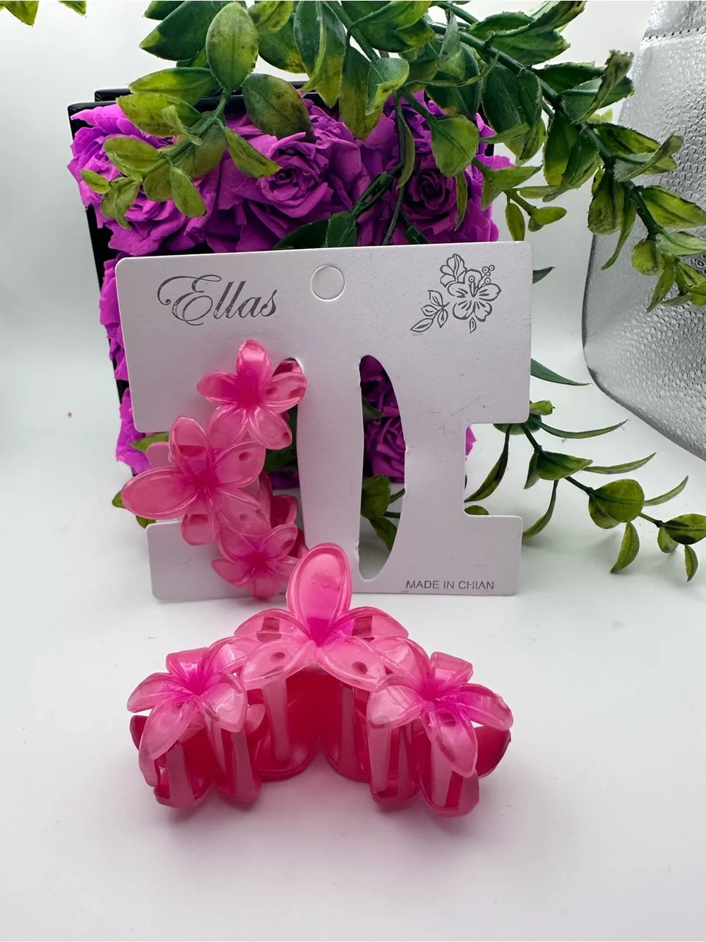 Hot Pink Floral Plastic Hair Claw Clips 2Pcs